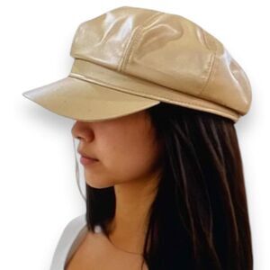 Tan Retro Faux Leather Newsboy Cap | Cabbie Hat NWT